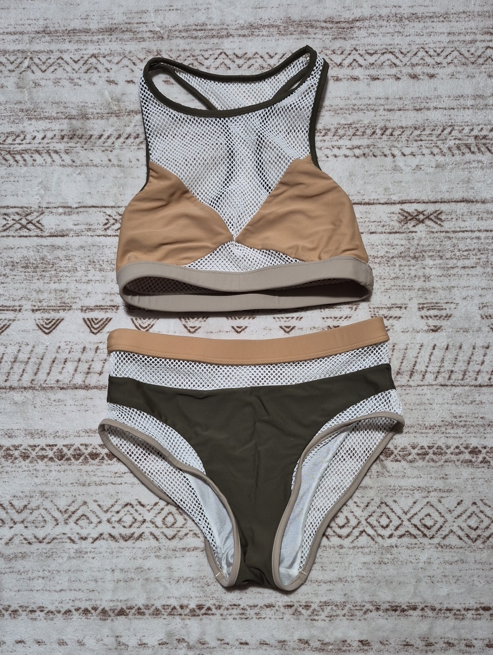 Jaded London Olive, Tan & White High-Neck Mesh Bikini Set